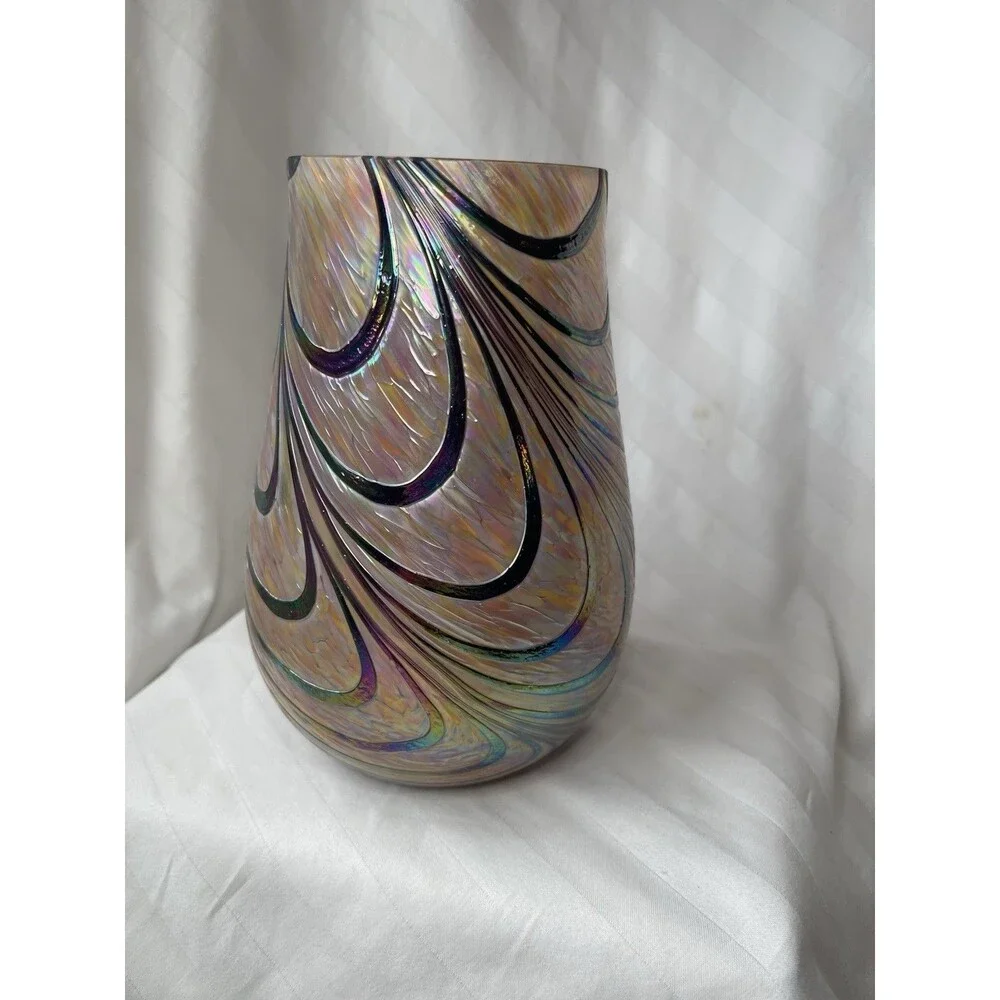 Teleflora Iridescent Art Glass Abstract Swirl Vase, Black, Taiwan, 7.5 in